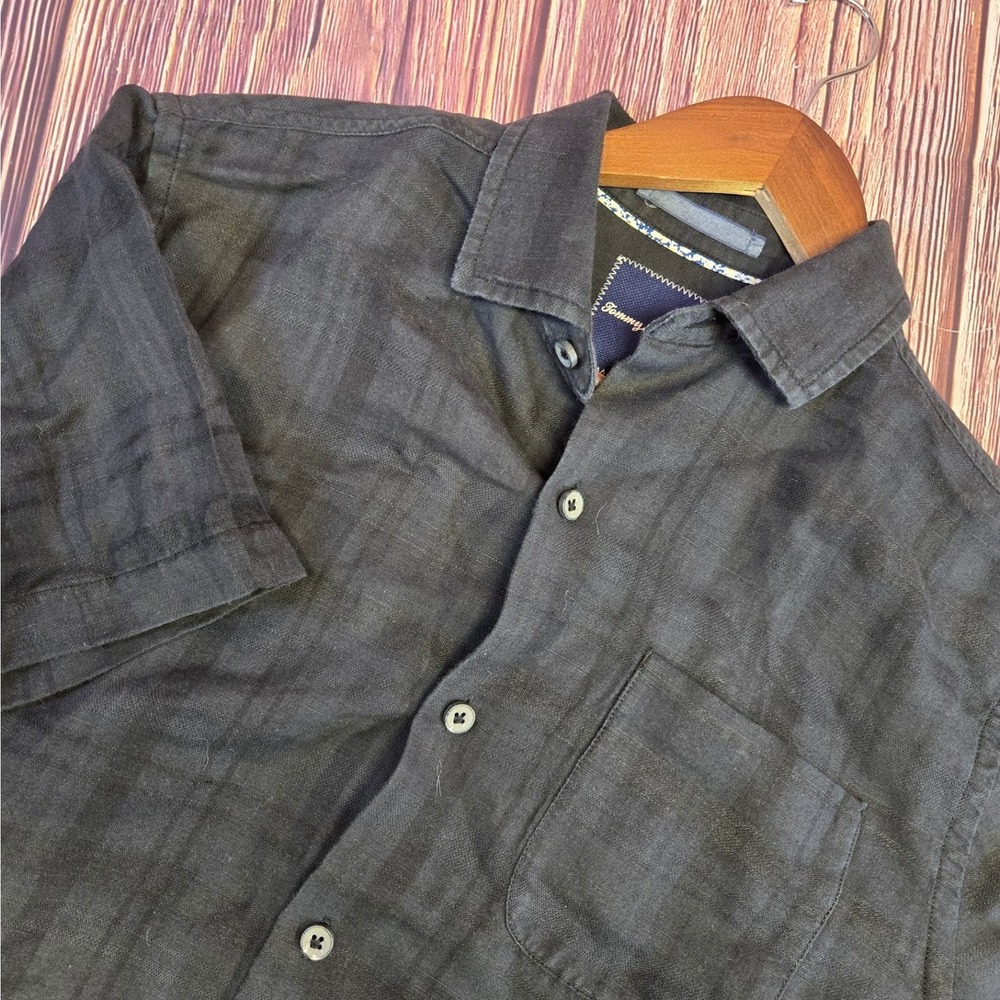 Tommy Bahama Button Down Shirt Mens S Black Linen Blend Shadow Plaid S/S